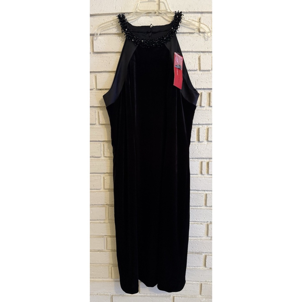 Carmen Marc Valvo Black Velvet Beaded Halter Dress Sz 12 ‎ Cocktail/Evening